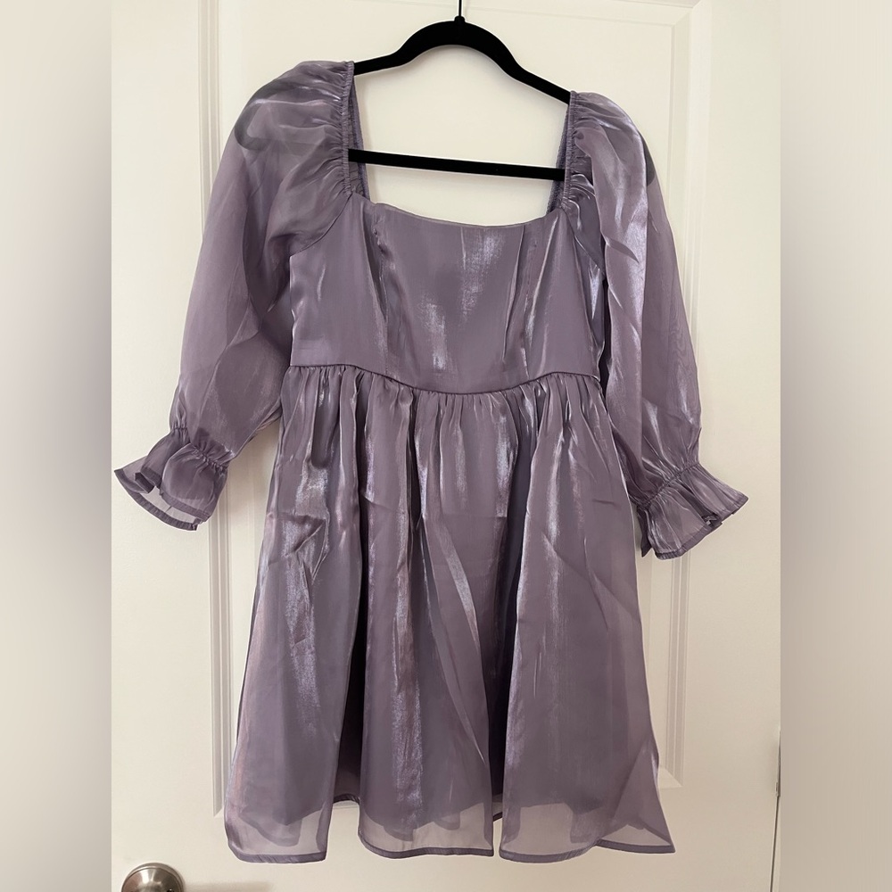 Babydoll Mini Dress Lavender Silk Party Dress Smocked Back Balloon Sleeve